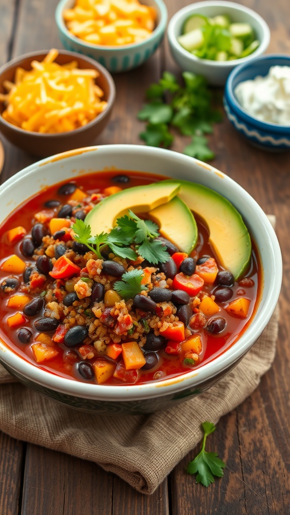 A bowl of vegetarian chili with black beans and quinoa, garnished with avocado and cilantro on a rustic table.
